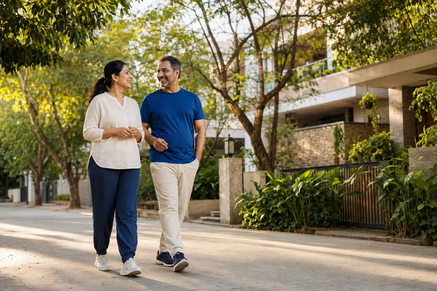 Indian couple taking a relaxed morning walk