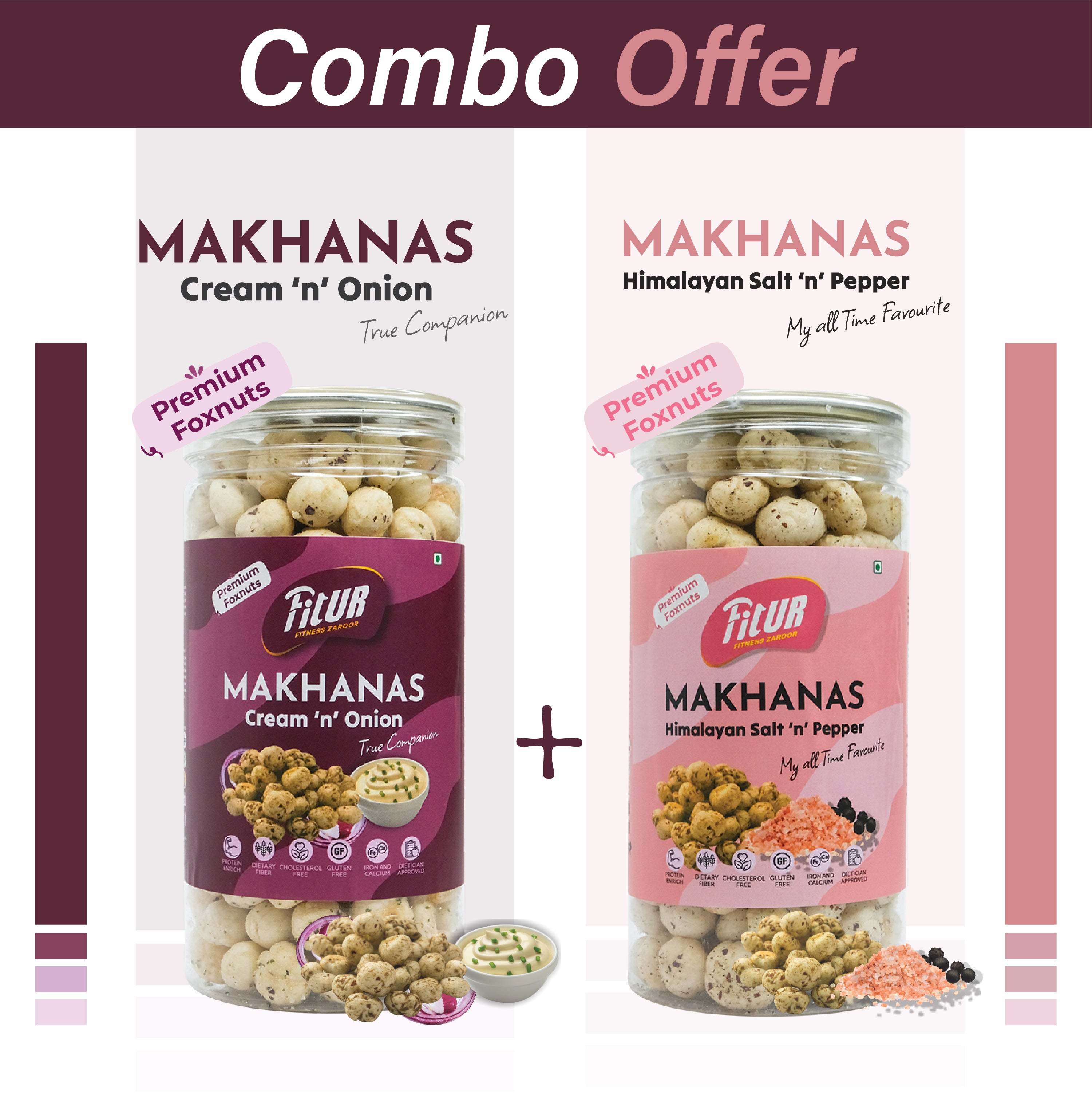 Makhana Cream n Onion + Himalayan Salt n Pepper | Pack of 2 | 80 gm Each Pack