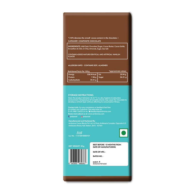 Daarzel 45% Mild Dark Chocolate with Caramelised Almonds with Sea Salt - Fitur